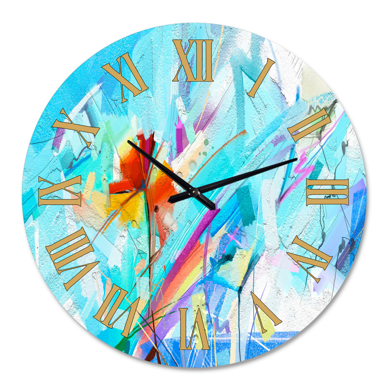 Brosse à main fleur bleue sur fond turquoise - horloge murale maison de campagne, Médium