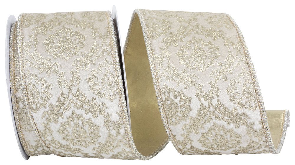 2 Pack of 30' Champagne Ribbon with Gold Glitter Designs and Accents