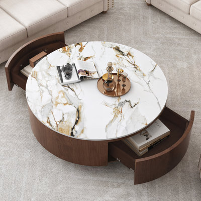 Rustic Round Coffee Table with 2 Drawers and Sintered Stone Top, Modern Living Room Center Table