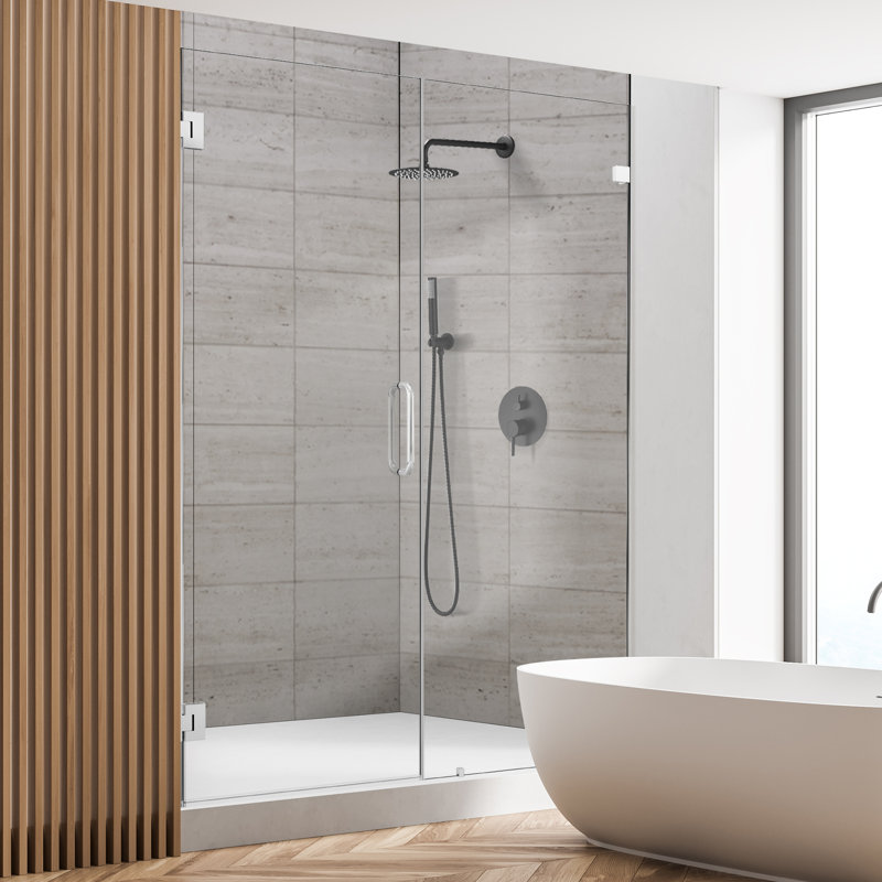Brushed Gold Frameless Pivot Hinged Shower Door with Clear Glass