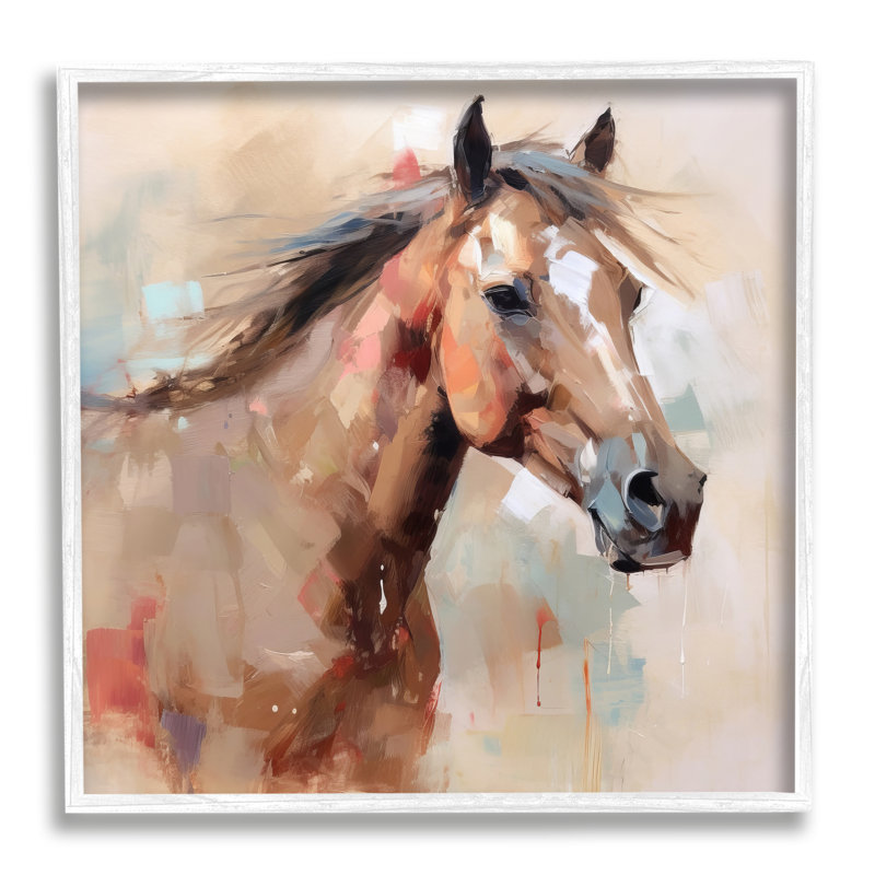 Az-079 - Peinture cheval moderne encadrée, H 24 po x l 24 po x P 1,5 po, Giclée encadrée blanc bord de mer