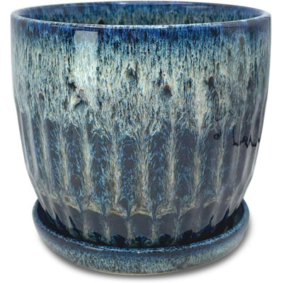 6" Blue Ceramic Planter With Drainage & Saucer