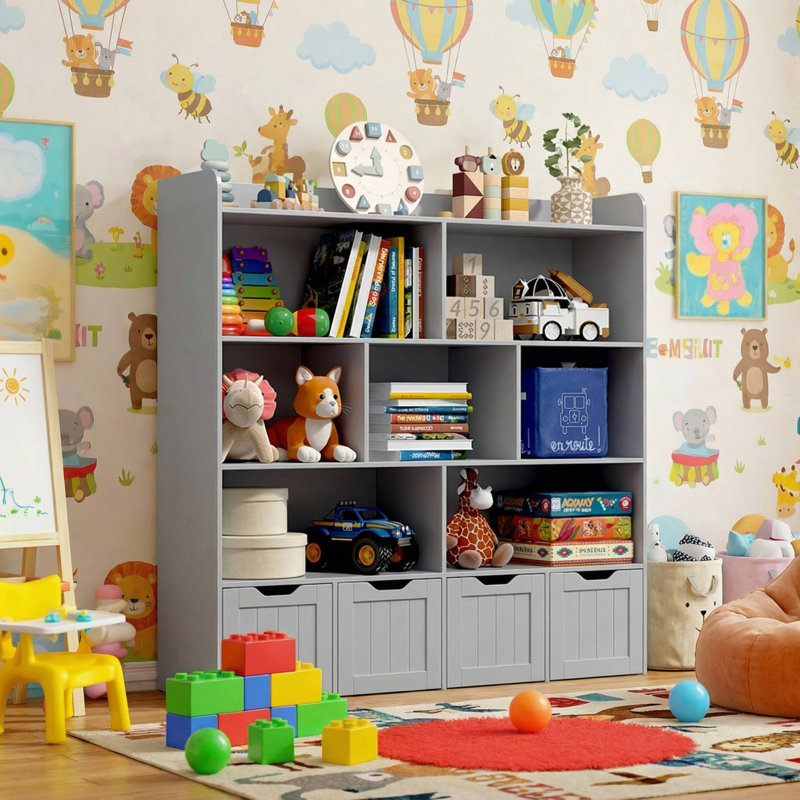 Organisateur de rangement pour jouets et bibliothèque pour enfants avec 4 tiroirs roulants, Gris