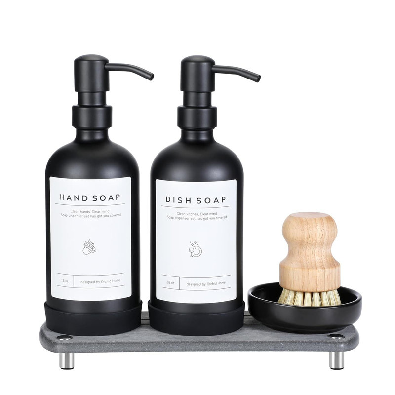16oz Clear Glass Kitchen Soap Dispenser Set | Stainless Steel Pump, Dry Tray & Accessories | Labels, Silicone Pad & Dish Brush