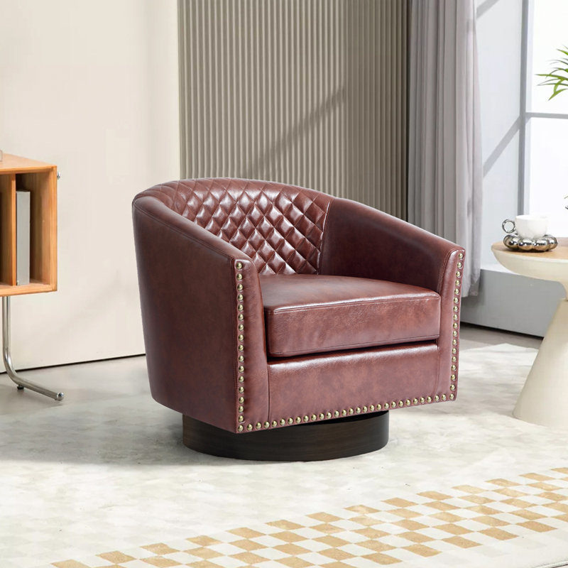 75.2Cm Wide Tufted Swivel Barrel Chair, Red Brown