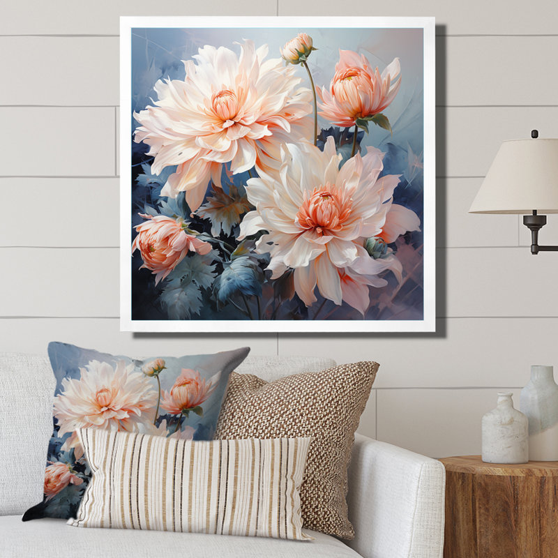 Impression romantique «I Peach Chrysanthemums Peach», H 16 po x l 16 po x P 1 po, Cadre photo blanc