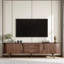 71" Mid-Century TV Stand for 80" TVs, Dark Brown Woodgrain, Sliding Doors, 2 Drawers, Solid Pine Legs
