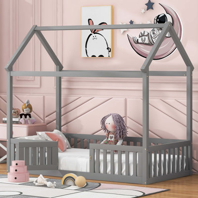 Twin Size Wood House Bed with Fence and Door, Gray