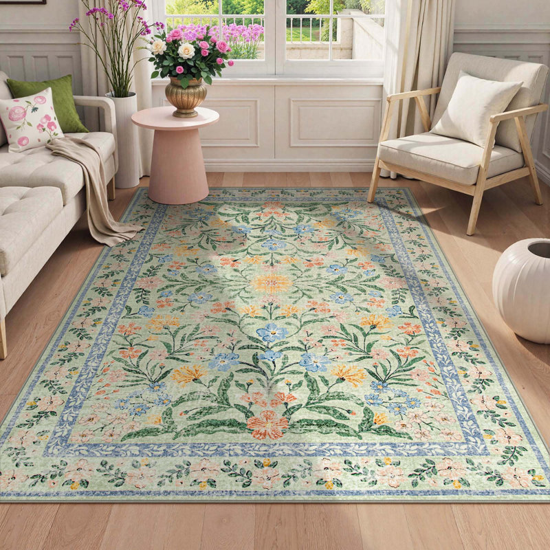 Washable Floral Area Rugs Boho Large Rugs Non-Slip for Bedroom Soft Rubber Backed Carpet, Rectangle 6' x 9'