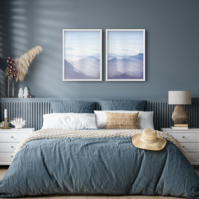 Reproduction d'art encadrée, dégradé pastel bleu, chaîne de montagnes et horizon, photographie de la nature, paysage, illustration décorative pour le salon, la chambre à coucher, le bureau