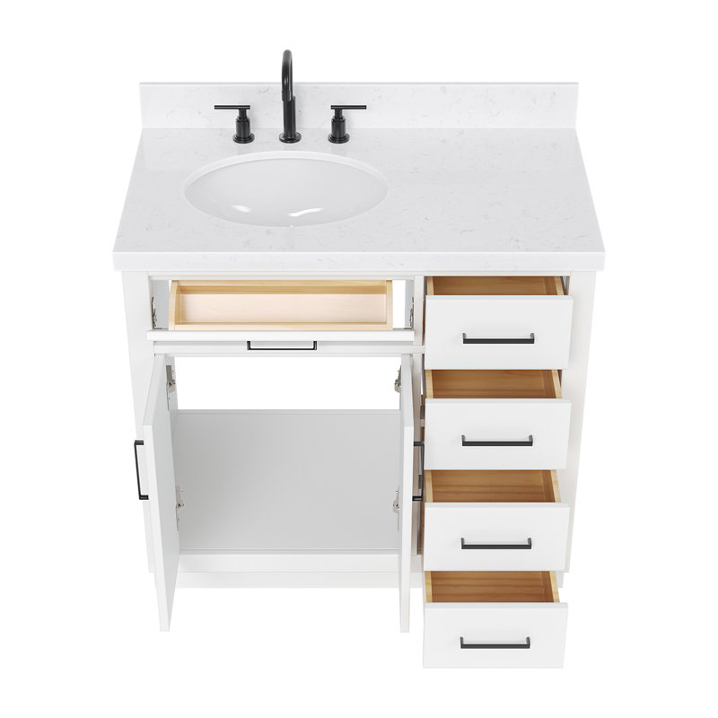 Meuble-lavabo simple en bois massif 36 po Tidworth avec plateau en quartz Carrara de 1,5 po, Gauche, Ovale, Blanc