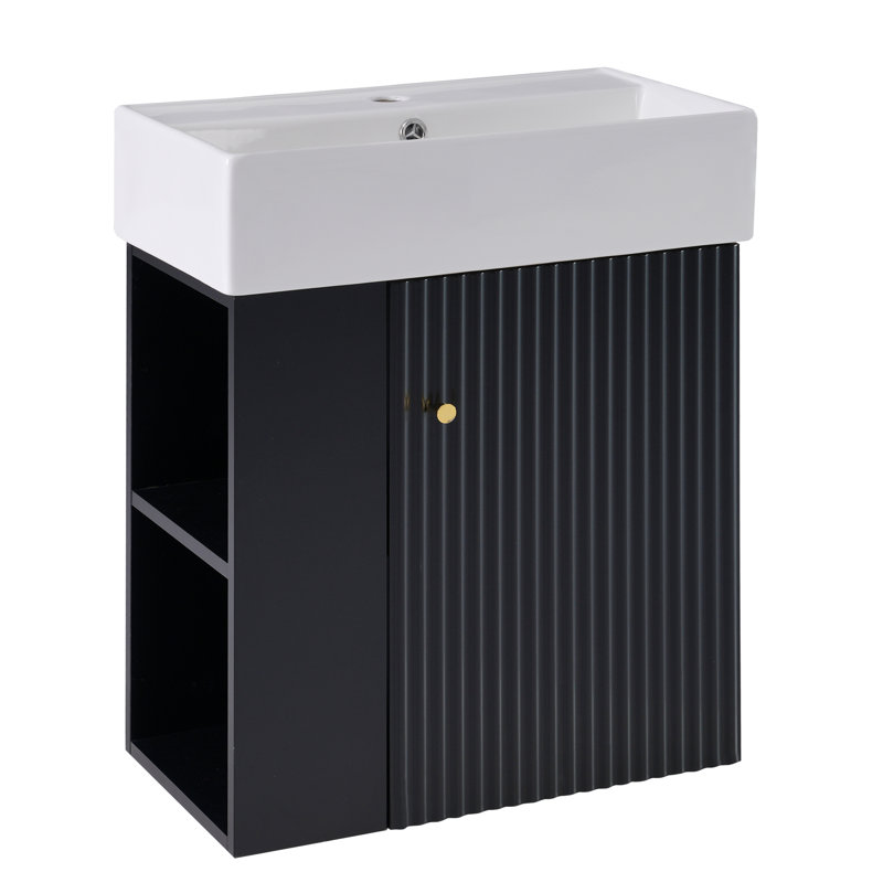 Meuble-lavabo flottant avec lavabo en céramique et rangement à gauche, Noir, noir, noir, noir