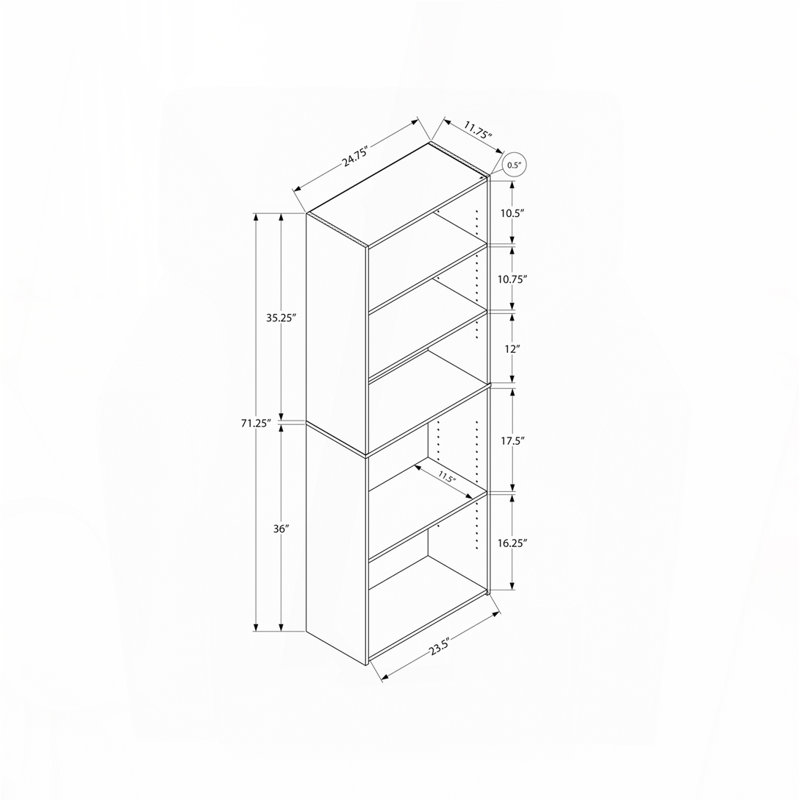 Bibliothèque, bibliothèque, 6 niveaux, H 72 po, bureau, chambre à coucher, stratifié blanc, transitionnel, Blanc