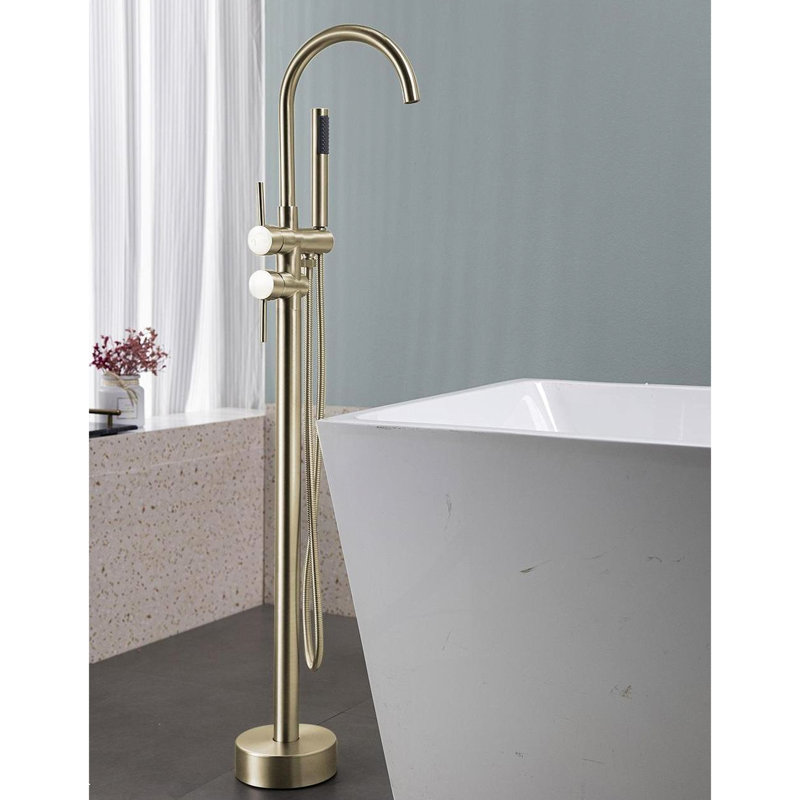 Robinet de baignoire à fixation au sol à haut débit en nickel brossé - Comprend une douche à main et un corps en métal pour un style durable avec un disque en céramique qui contrôle l'eau en douceur