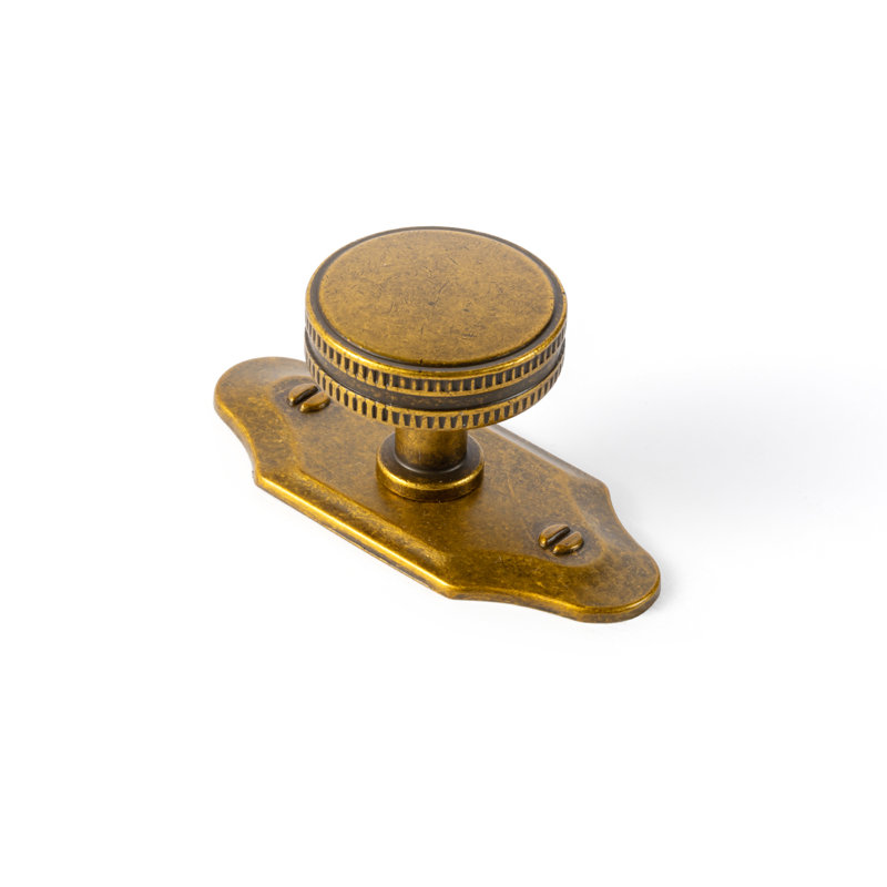 Poignée ronde en forme d'engrenage de 1,26 po de diamètre avec plaque noire (G023), Laiton antique