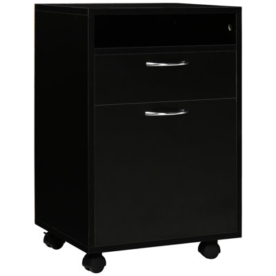 Armoire de rangement mobile avec tiroir et support d'imprimante noir. Offre un grand espace de rangement, se déplace librement, se range sous un bureau, une commode noire, une place pour le bureau, sans effort, un espace de bureau, une construction
