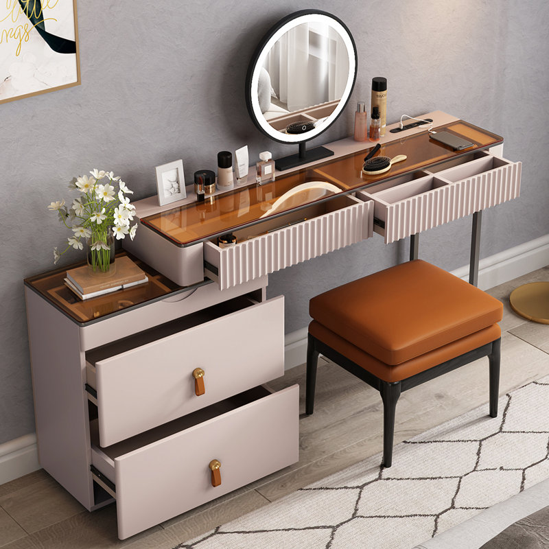 Maurece Makeup Vanity Set with Power Outlet & Glass Top
