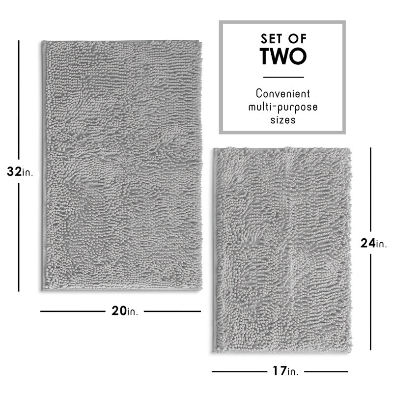 Yasmen Soft Absorbent Chenille Bath Rugs with Non-Slip Backing (Set of 2), Silver