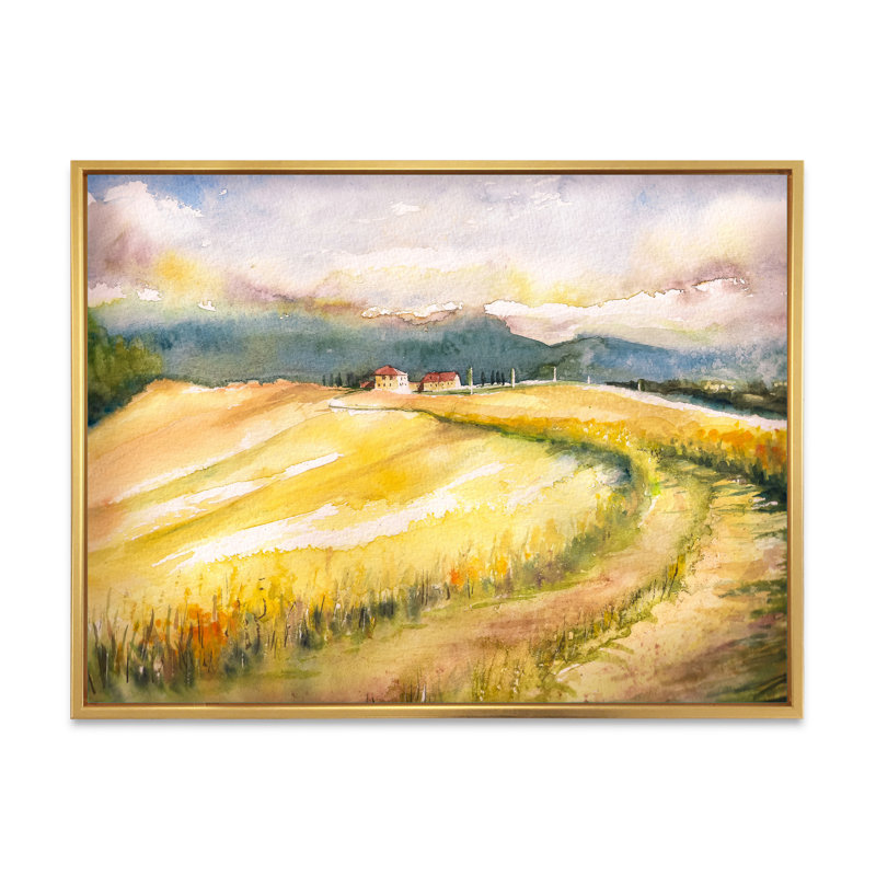 «Italian Blossoming Hayfields», peinture sur toile, Cadre flottant doré, H 34 po x l 44 po
