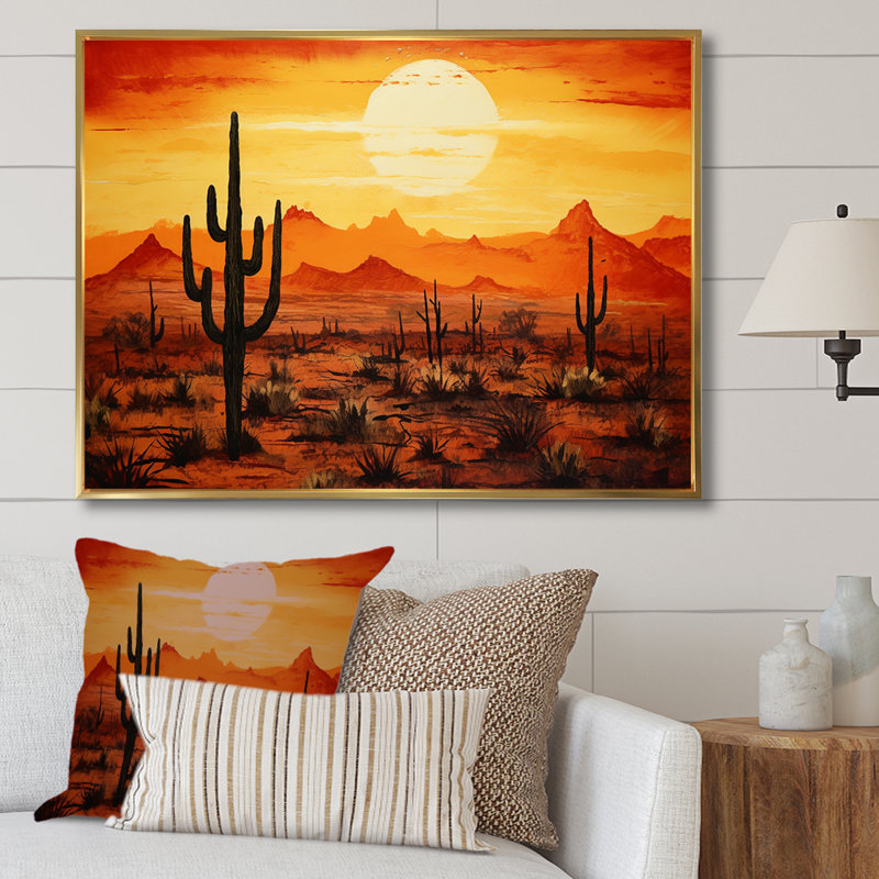 Cactus Sunrise Silhouettes - Cactus, art mural, Cadre flottant doré, H 12 po x l 20 po x P 1 po