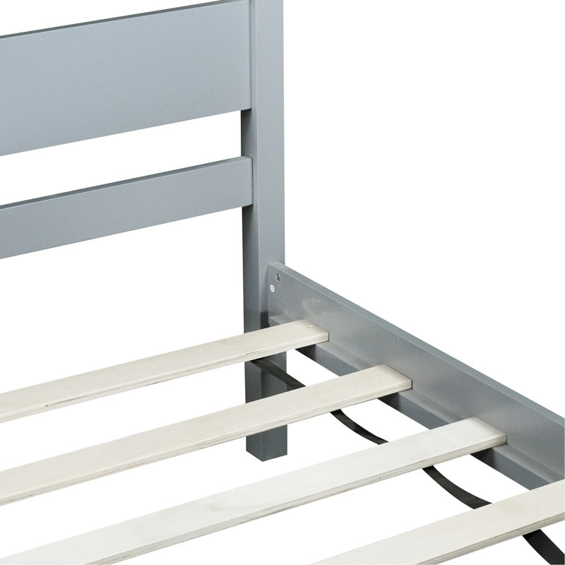 Lit simple gris avec tête de lit et table de chevet en bois d'hévéa massif optimisé pour le rangement
