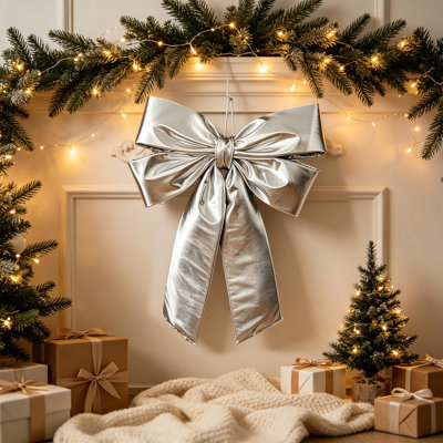Christmas Decor Large Metallic Christmas Bow Ornament 15.7 Inch Wide 18.8 Inch Tall Hanging Fabric Bow Decoration For Wreath Stair Railing Front Door Holidays Home Decor