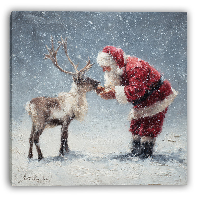 «Santa and Reindeer in Snowy Night», art mural sur toile, H 30 po x l 30 po