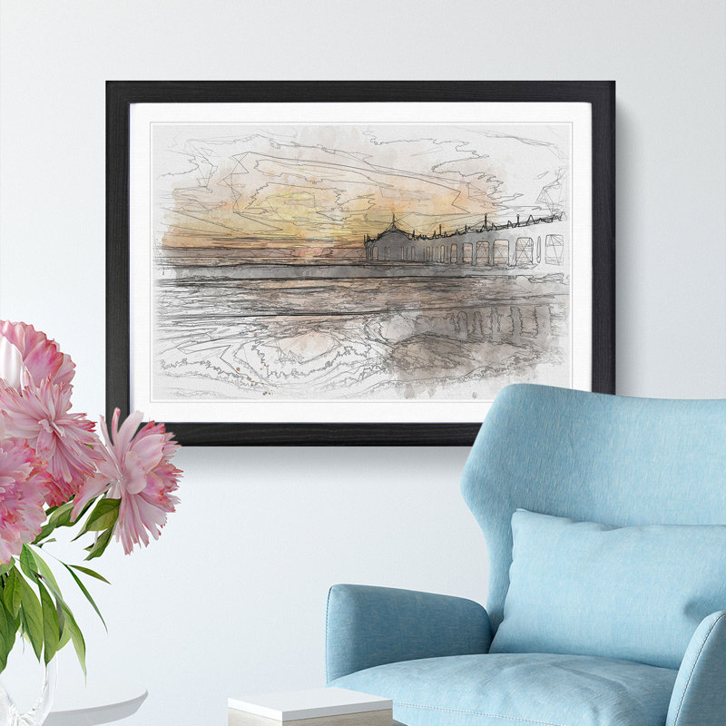 Sunset Behind the Pier Sketch - Picture Frame Graphic Art Print, 40cm H x 60cm W x 2cm D, Black Framed