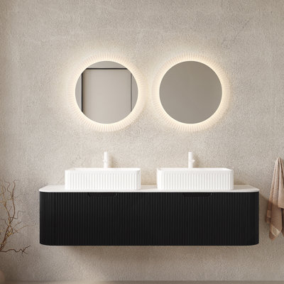 Meuble-lavabo mural flottant avec lavabos, armoire de rangement, tiroirs et lavabos en céramique pour une salle de bain fonctionnelle et élégante