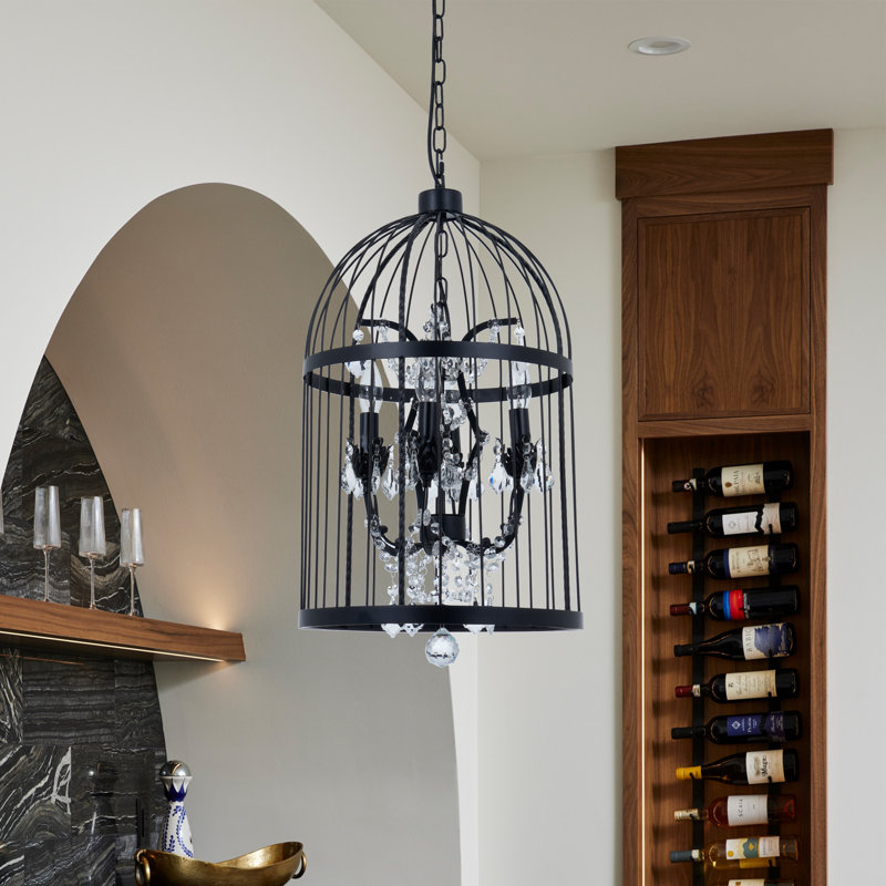 4-Light Dimmable Black Iron Birdcage Crystal Chandelier