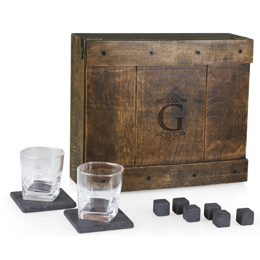 Monogram Whiskey Oak Box Gift Set of 2 Whiskey Glasses & Stones Espen Loon Peak® 
