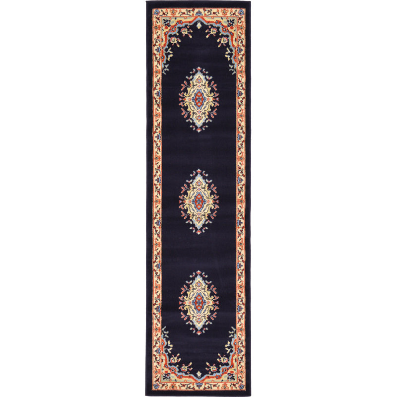 Tapis oriental noir Balthrop, Tapis de couloir 2 pi 2 po x 8 pi 2 po, Dark Blue