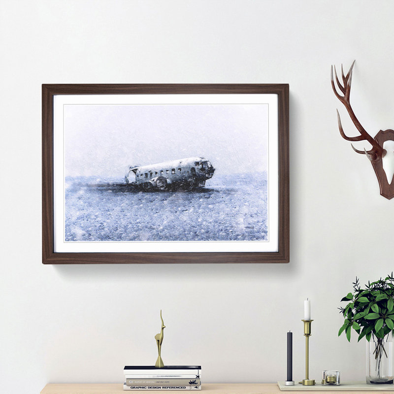 The Solheimasandur Plane Wreck in Iceland - Picture Frame Painting Print, Walnut Framed, 36cm H x 48cm W x 2cm D