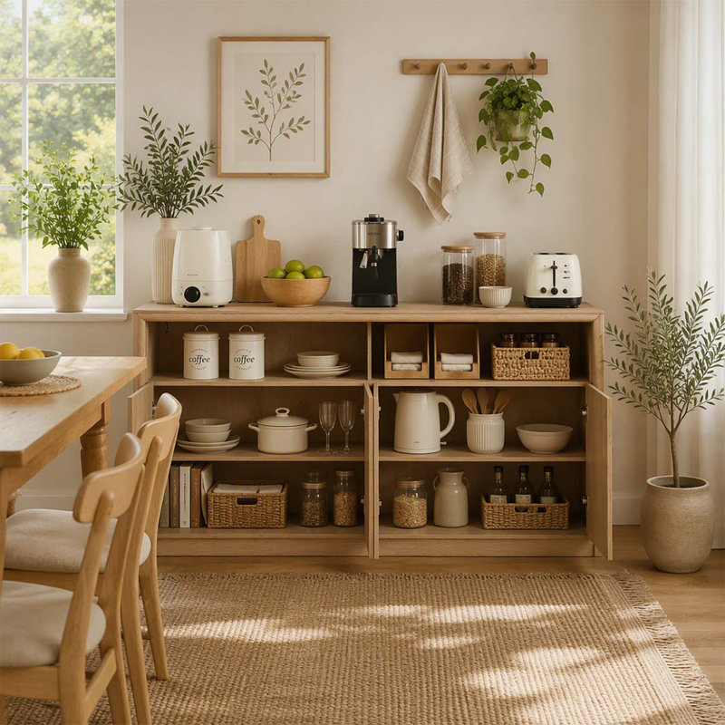 Buffet en bois de 170 cm avec bande lumineuse DEL, prises électriques et 4 compartiments de rangement pour un style de vie moderne