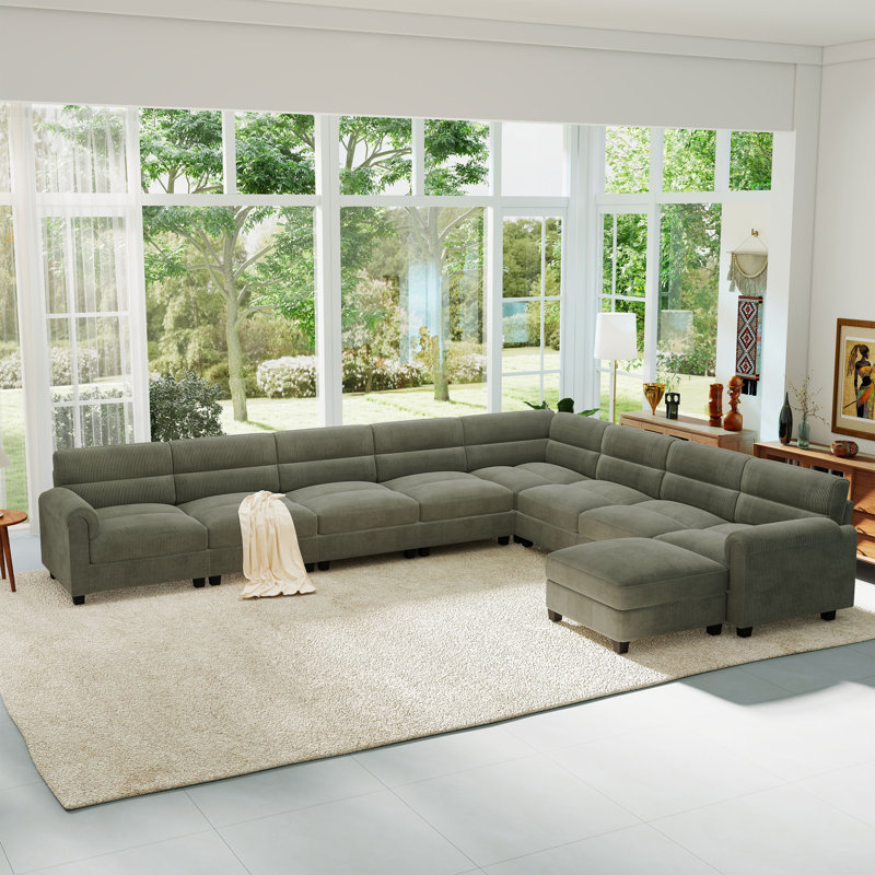 Dona 9-Piece Corduroy Upholstered Modular Sectional With Ottoman, Pillowtop Arm, Green Corduroy