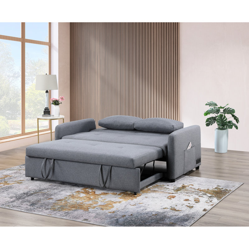 Canapé-lit convertible en tissu de lin gris, prises électriques, coussins, 2 coussins, poches pour le canapé-lit, lin, ports