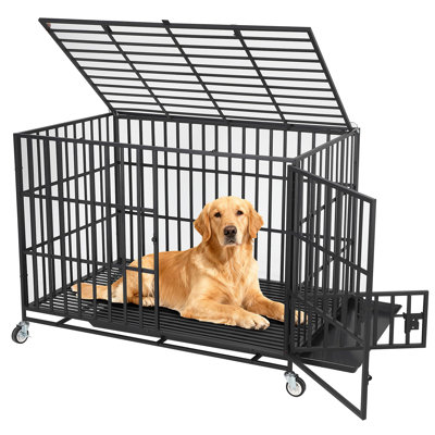 Heavy-Duty Escape-Proof Dog Crate, Metal Indoor Kennel with 3 Doors, Lockable Wheels & Removable Tray, 36"/42"/49"