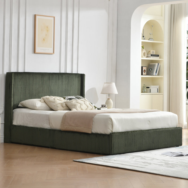 Upholstered Wingback Bed With 4 Storage Drawers, Turtle, Queen