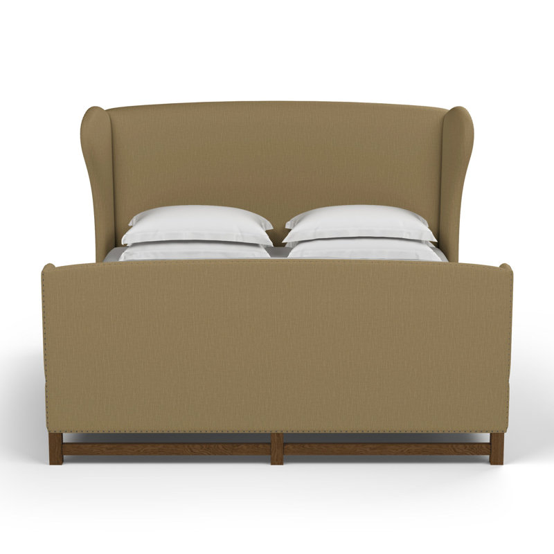 Herbert Upholstered Wingback Bed, Twin, Pebble Weave Linen Alabaster, Weathered