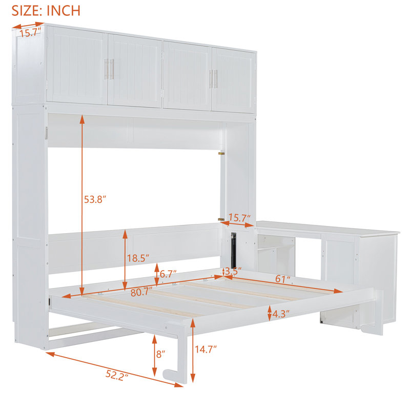 Grand lit escamotable mural avec bureau, tablettes de rangement et grands cabinets, lit mural blanc peu encombrant
