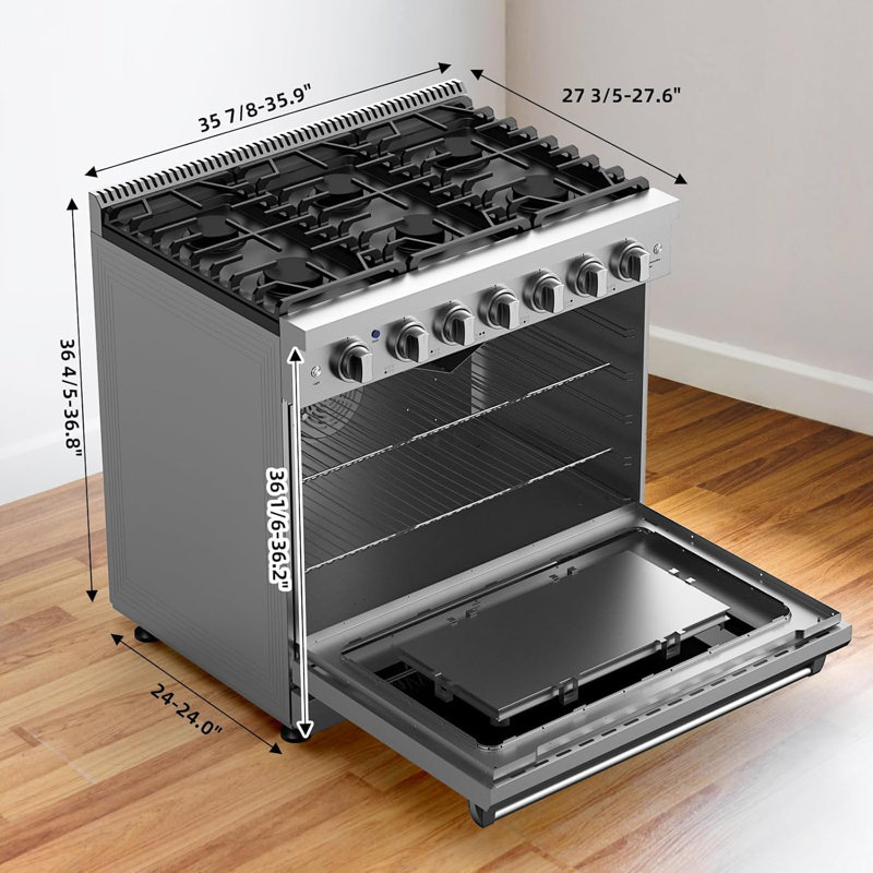 36" Dual Fuel Range with 6 Sealed Gas Burners and 6.0 Cu. Ft. Electric Convection Oven, Stainless Steel Freestanding Gas Stove for Home & Commercial Kitchen