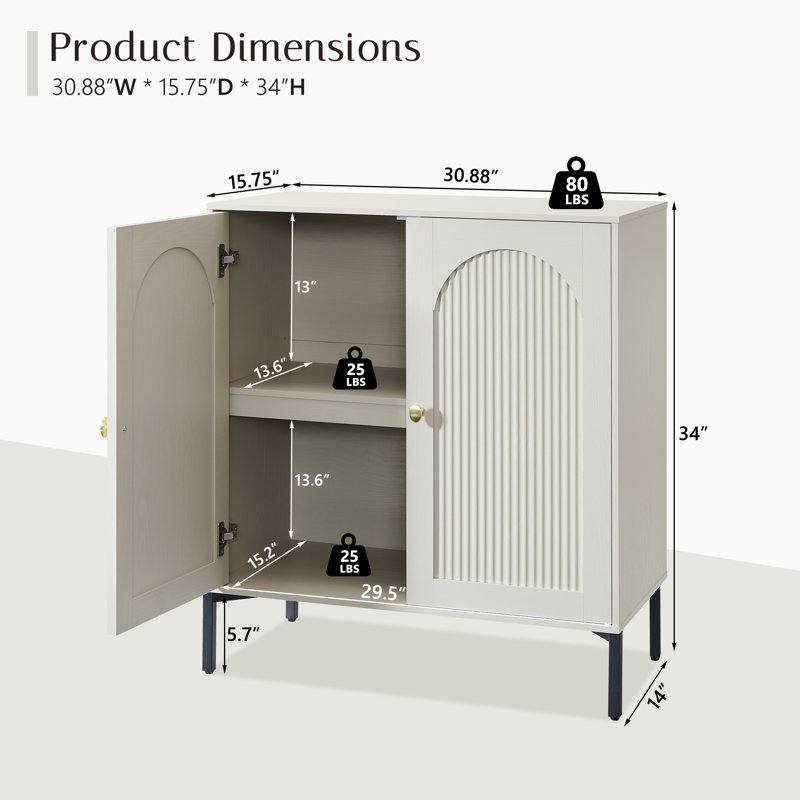  Buffet moderne cannelé avec rangement, Crème, One piece, H 34 po x l 30,88 po x P 15,75 po