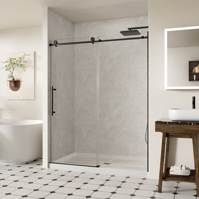 Frameless Shower Door, 56-60" W x 74" H Sliding Shower Door with 5/16" (8mm) Clear SGCC Tempered Glass, Soft Close, Full Stainless Steel, Matte Black Finish