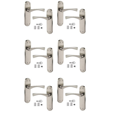 Golden Grace 6 Sets Twist Astrid Style Modern Door Handles Lever Latch on Backplate in Satin Stainless Steel Finish - 182mm x 45mm Backplate