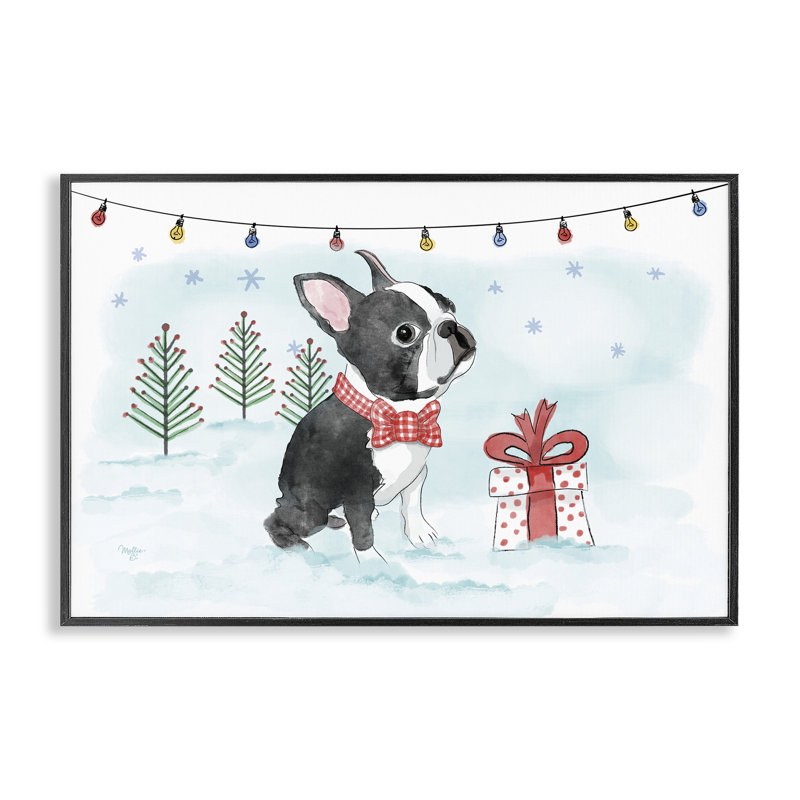 «Snowy Boston Terrier», estampe numérique encadrée par Mollie B., Giclée encadrée noir minuit, H 12 po x l 18 po