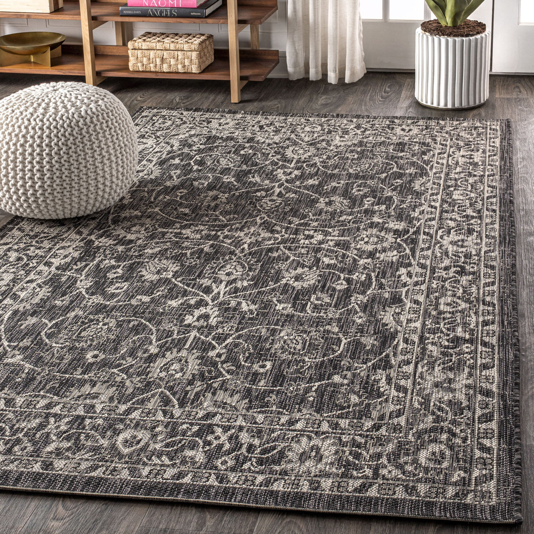 Markwart Vine and Border Textured Weave Black/Gray Indoor/Outdoor Rug Charlton Home® Rug