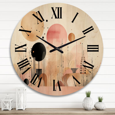 Boho Dreams Abstract Landscape in Vintage Pink II - Abstract Landscape Oversized Wood Wall Clock