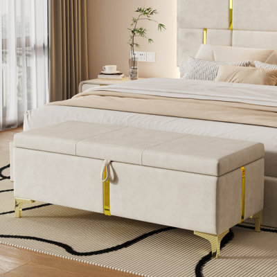 Banc de rangement avec repose-pieds beige 47,2 po avec pieds en métal doré, banc de rangement pour chambre à coucher et salon