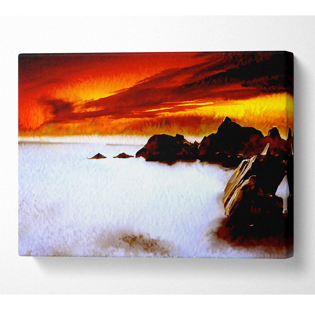 Atemberaubender roter Himmel Ozean Nebel - Leinwanddrucke auf Wrapped Canvas