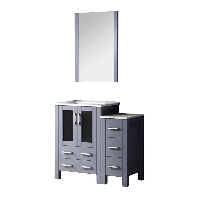 Meuble-lavabo gris foncé 36 po W, armoire latérale, surface en céramique blanche, miroir de 22 po, meuble-lavabo à fermeture douce et grand meuble-lavabo, commode, tiroirs